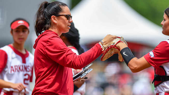 Razorbacks coach Courtney Deifel after an inning in NCAA Regional on Sunday against Oregon.